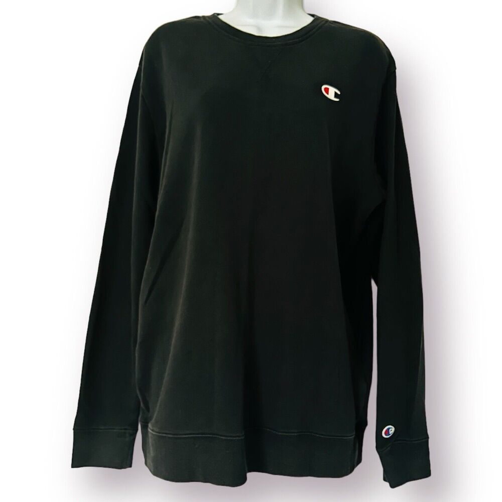 Champion Men’s Crew Neck French Terry Sweatshirt Black Medium Long Sleeve - Picture 2 of 11